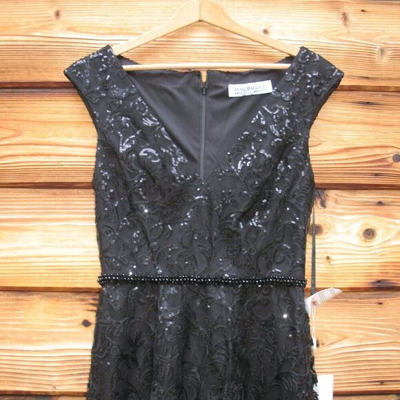 NWT Mac Duggal  Sequin Cap Sleeve V Neck Dress Black - Picture 8 of 16